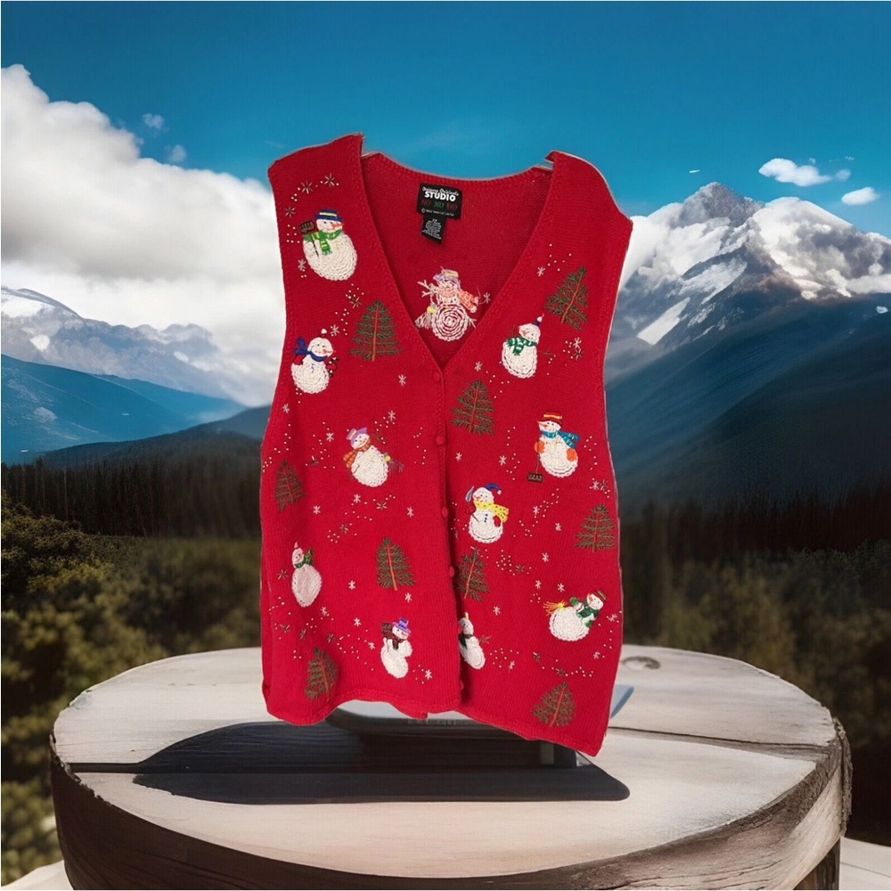 Vtg Women’s 1990’s Studio Snowman Snow Winter Christmas Sweater Vest sz 2XL GUC